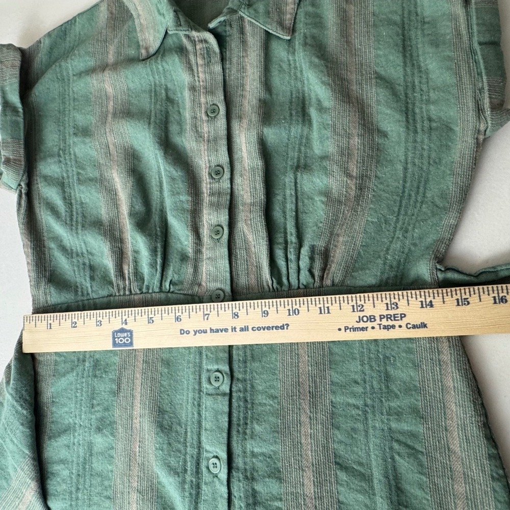 Sage Green Striped Wrap Tie Waist Button Front Dress XS Cottagecore Travel Linen - Picture 8 of 10